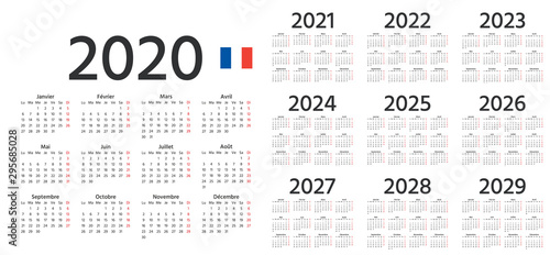 French Calendar 2020, 2021, 2022, 2023, 2024, 2025, 2026, 2027, 2028, 2029 years. Vector. Week starts Monday. France calender template. Yearly stationery organizer in minimal design.