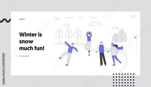 Winter Holidays Festive Season Family Spare Time Website Landing Page. Happy People Skating on City Park Ice Rink. Winter Activity and Sport Web Page Banner. Cartoon Flat Vector Illustration  Line Art