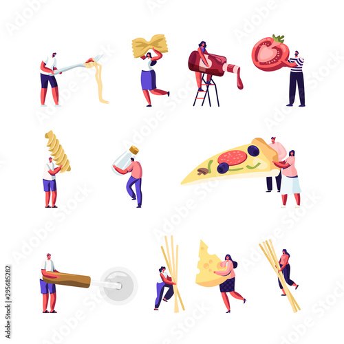 Italian Food Set. Tiny People Eating and Cooking Pizza and Pasta. Male and Female Characters Holding Macaroni, Knife, Put Ketchup on Fast Food in Cafe. Bistro Visitors Cartoon Flat Vector Illustration