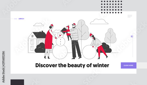 Wintertime Vacation Holiday Season Sparetime Website Landing Page. Happy Family with Children Making Snowman on Winter Landscape Background Web Page Banner. Cartoon Flat Vector Illustration, Line Art