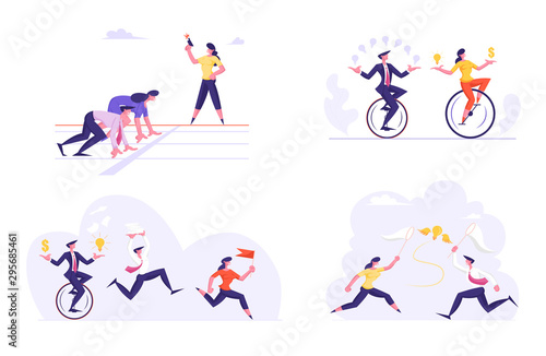 Set Business Characters Take Part in Corporate Competition and Race. Businessmen and Businesswomen Running Marathon, Riding Monowheel Juggling with Bulbs, Catch Dollar Cartoon Flat Vector Illustration