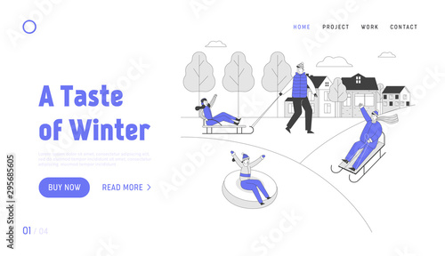 People Wintertime Outdoors Activity Website Landing Page. Happy Adults and Children Sledding on Tubing and Sleds Downhill at Winter Holidays Web Page Banner. Cartoon Flat Vector Illustration, Line Art