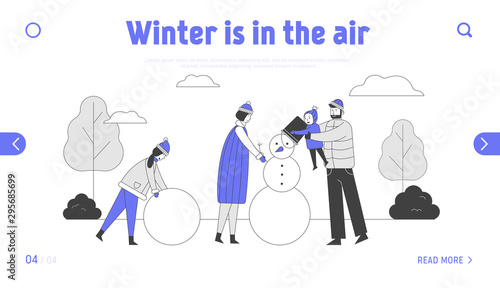 Happy Parents with Kids Making Snowman Website Landing Page. Father Hold Baby on Hands Put Bucket on Snowman Head. Daughter Rolling Snow Ball Web Page Banner Cartoon Flat Vector Illustration, Line Art