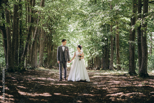 Wedding walk in the summer forest. Wedding photo shoot in summer. Newly married couple.
