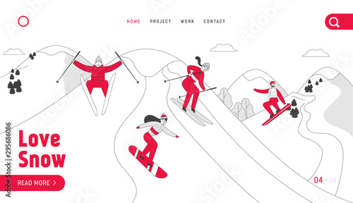 Outdoors Leisure and Sports Website Landing Page. People in Going Downhill by Skis and Skateboards at Winter Time Resort. Wintertime Activity Web Page Banner Cartoon Flat Vector Illustration, Line Art
