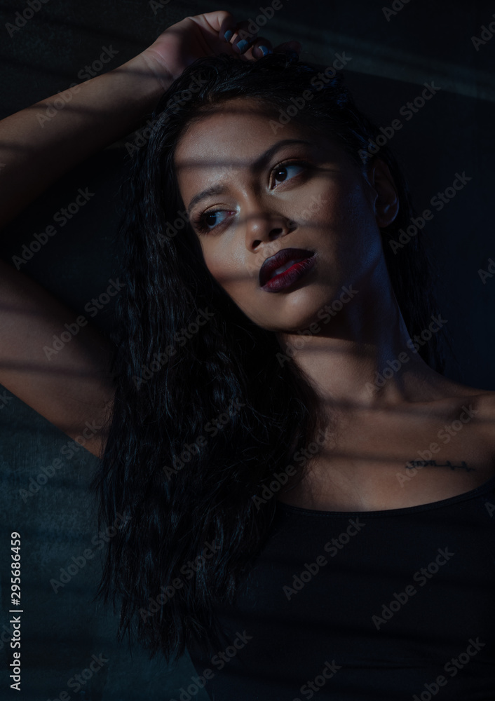 Portrait of sensual woman in black top with a striped shadow from the blinds Portrait of sensual woman in black top with a striped shadow from the blinds