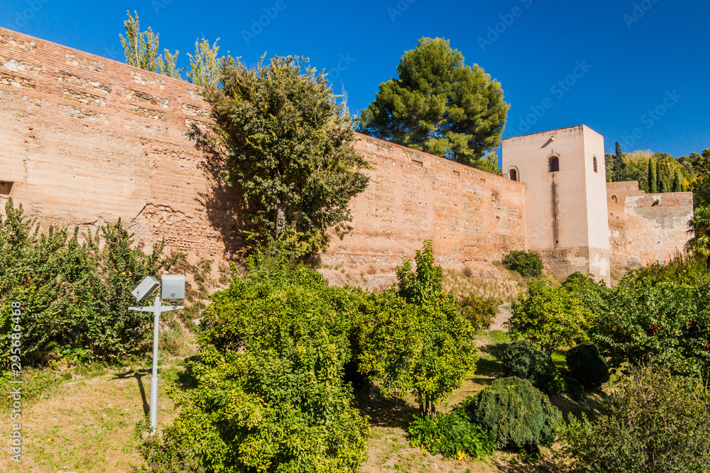 Fortification walls of Alhambra fortress in Granada, Spain