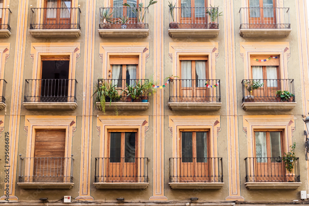 Building with balconies in the center of Granada, Spain