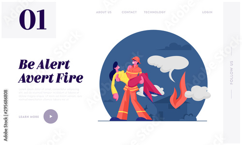 Fireman Saving Girl from Fire Website Landing Page. Strong Firefighter in Protective Costume and Helmet Hold Woman on Hands Carry Out of Burning House Web Page Banner. Cartoon Flat Vector Illustration