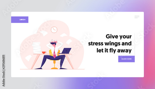 Business Failure, Stress and Frustration Website Landing Page. Tired Stressed Worker Sitting in Office Holding Head in Hands Tearing Hair Tired of Work Web Page Banner Cartoon Flat Vector Illustration