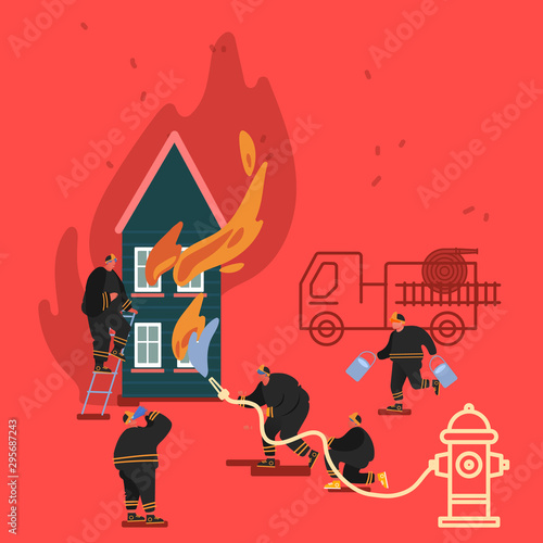Composition of Firefighter Using Water From Hose for Fire Fighting Burning House. Fireman in Uniform, Fire Department