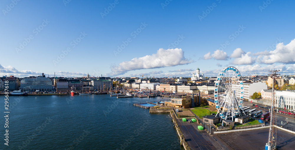  Panoramic view of the capital of Finland, visible - Helsinki Cathedral, Senate square, Market Square. Shot from the air