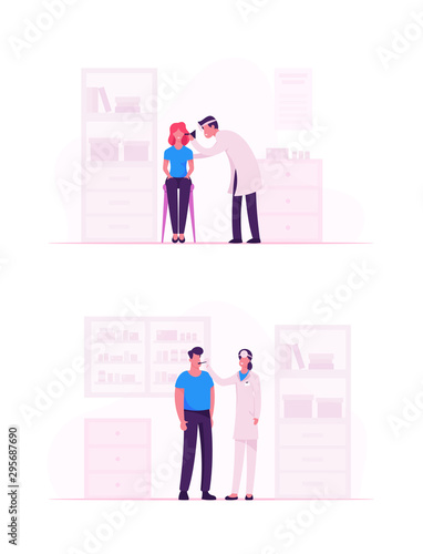 People Visiting Otolaryngologist Practitioner in Hospital. Audiologist Doctor in Medical Gown and Frontal Reflector on Head Examine Ear Nose and Throat of Patients. Cartoon Flat Vector Illustration