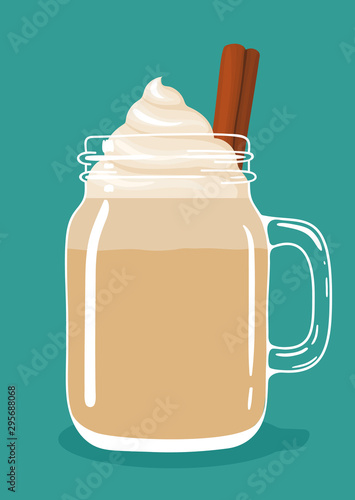 Traditional christmas eve winter drink eggnog with cinnamon stick and whipped cream in glass vintage mason jar. Delicious spicy chilled milk coffee beverage. Vector illustration.
