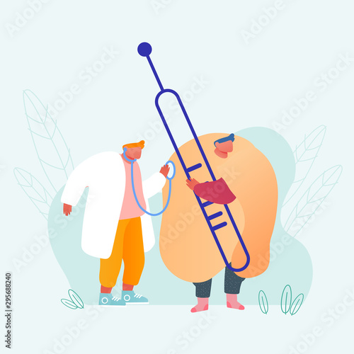 Sick Man Character Concept Banner. Man with Flu, Cold, Influenza. Doctor Curing Patient. Flat Cartoon