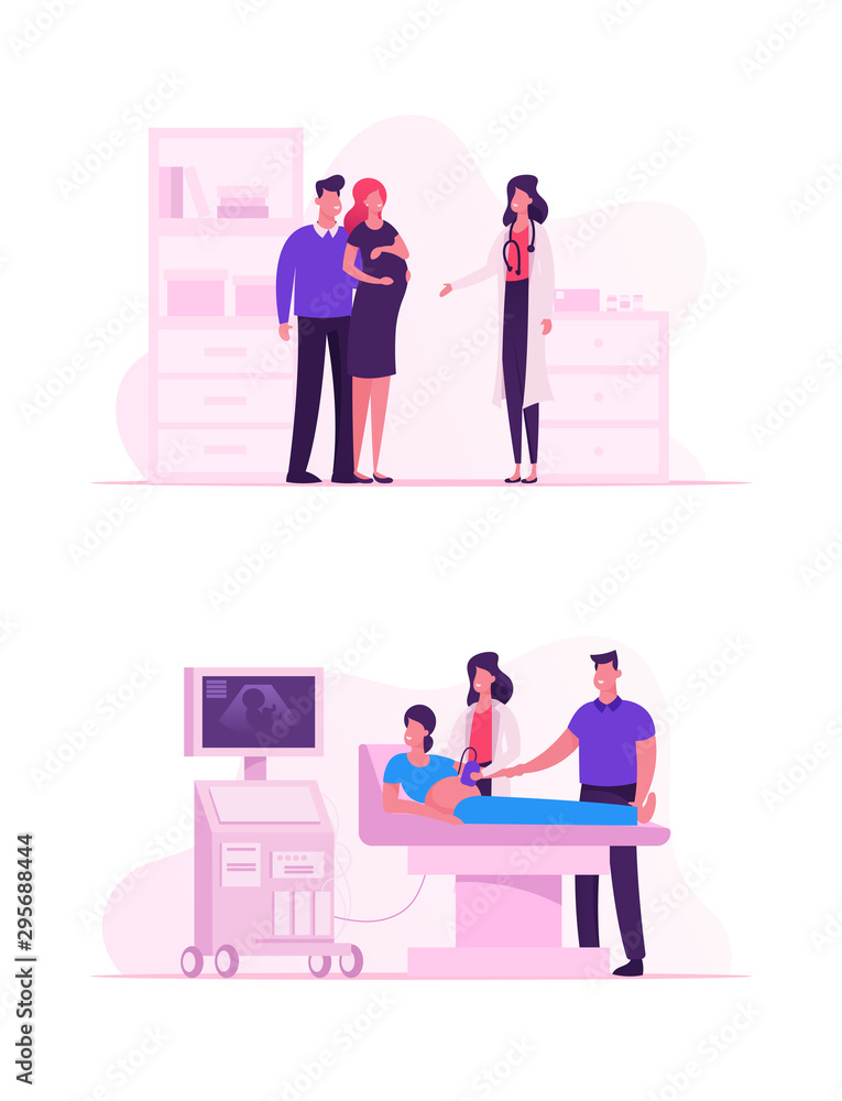 Doctor Doing Ultrasound Fetus Screening Checkup in Clinic. Pregnant Woman and Husband Couple Visit Hospital Doing Baby Belly Sonography Scan Looking at Machine Screen. Cartoon Flat Vector Illustration
