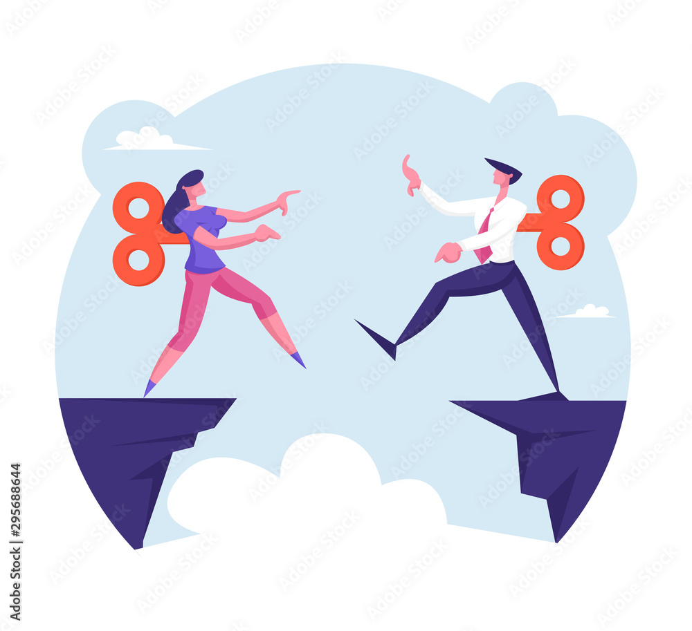 Businessman and Businesswoman with Clockwork Mechanism on Back Step into Abyss. Manipulation, Leap of Faith Concept with Business People Walk Off Cliff Searching Path Cartoon Flat Vector Illustration Businessman and Businesswoman with Clockwork Mechanism on Back Step into Abyss. Manipulation, Leap of Faith Concept with Business People Walk Off Cliff Searching Path Cartoon Flat Vector Illustration
