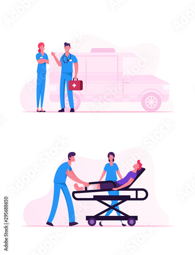 Ambulance Medical Staff Service Occupation. Medics Carrying Man Patient with Broken Leg to Hospital. Emergency Paramedic Doctors Characters Stand at Car. Health Care Cartoon Flat Vector Illustration
