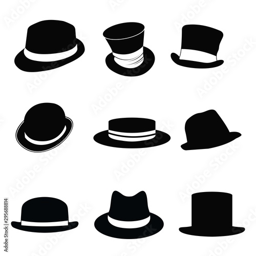 Collection of retro hats silhouette. black man's retro hat with white ribbons on a white background
