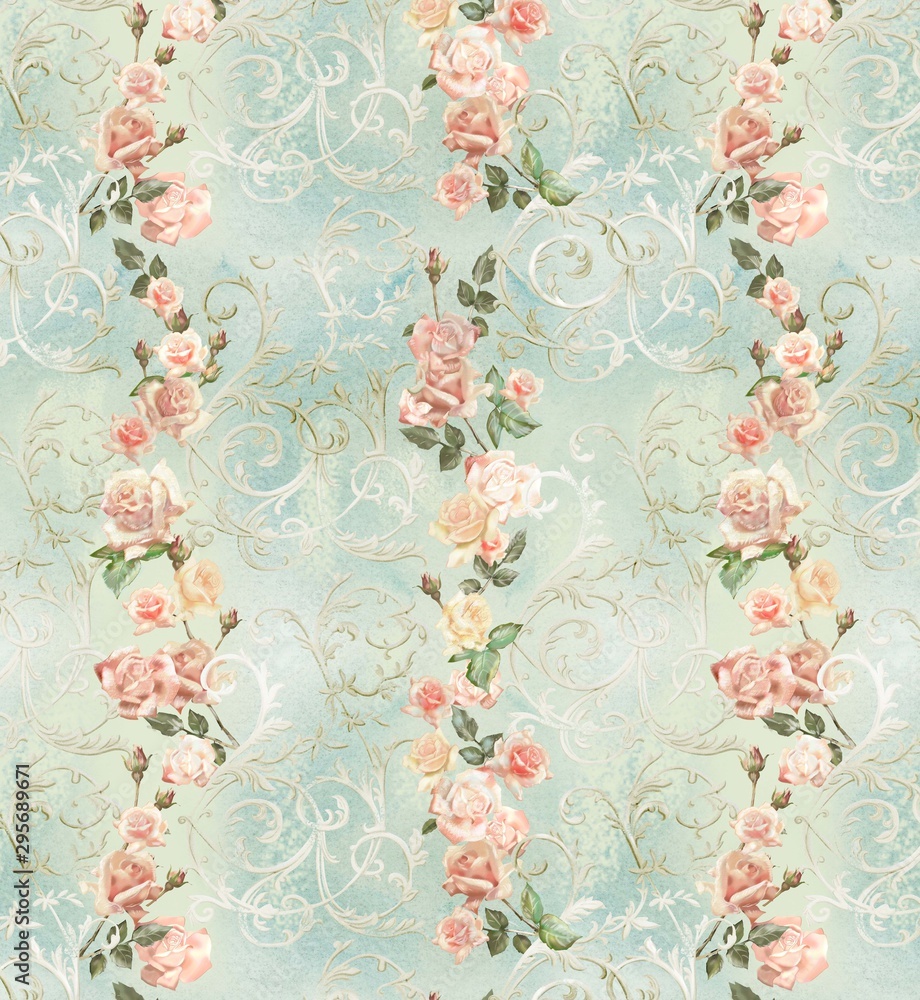 watercolor flowers, roses, pattern with patterns in the style of shabby chic