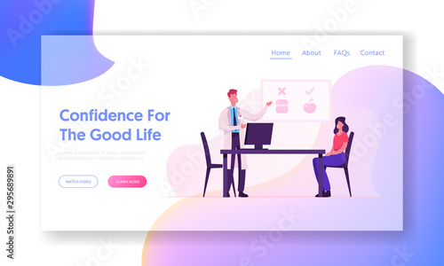 Nutrition Medical Appointment Website Landing Page. Male Doctor Nutritionist Character Giving Consultation to Woman Patient Making Healthy Diet Plan Web Page Banner. Cartoon Flat Vector Illustration