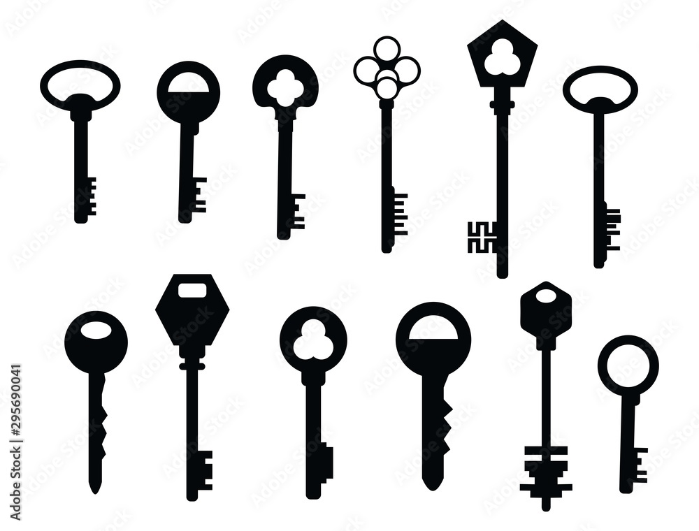 Retro vintage keys silhouettes vector set collection. Old key ...