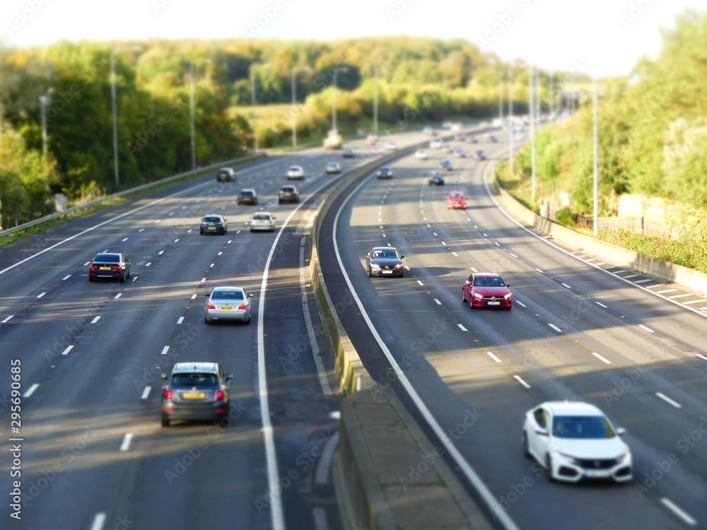 Tilt shift photo of the M25 London Orbital Motorway near Junction 17 in Hertfordshire, UK