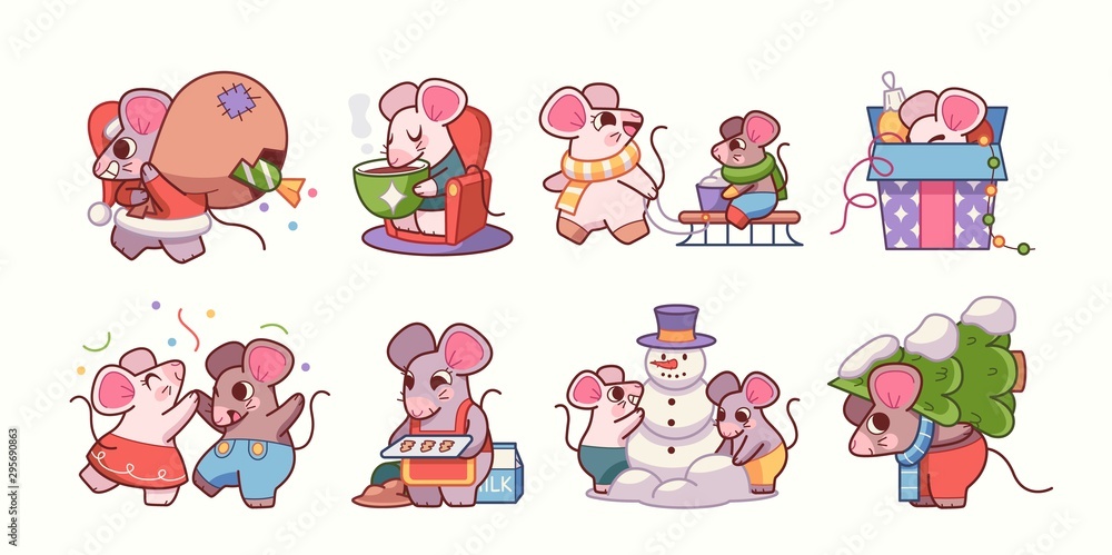Fototapeta premium Vector illustration with cartoon mice - symbol of the Chinese new year 2020. Mice Stickers with Christmas attributes. Can be used as holiday card design elements.