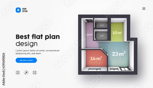 Vector Landing Page Template with Architectural Interior Color Floor Plan. One Bedroom Studio Apartment Top View.