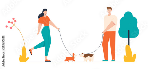 Male and Female Characters Walking with Dogs in Public City Park. People Spending Time with Pets Outdoors on Summer Time. Relax, Leisure, Communication with Animals. Cartoon Flat Vector Illustration