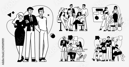 Collection of succesfull team illustrations . Bundle of men and women taking part in business meeting, negotiation, brainstorming, talking to each other. Teamwork concept outline vector illustrations.