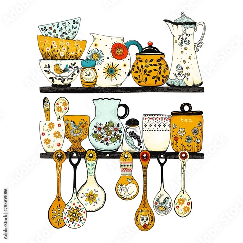 Collection of hand drawn tableware items in rustic style on kitchen shelf. Retro ceramic utensils or crockery - spoons, dishes, bowls, pitchers. Vector colorful set objects, vertical poster.
