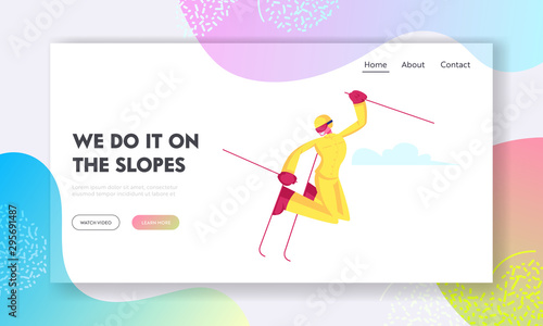 Winter Sports Activity and Sparetime Website Landing Page. Young Woman Freestyle Skiing in Mountains Riding Jumping Downhills by Skis. Wintertime Fun Web Page Banner. Cartoon Flat Vector Illustration