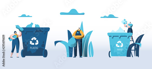 People Throw Garbage into Containers for Plastic and Paper Waste Litter Bins with Recycle Sign. City Dwellers Collecting Trash. Recycling Pollution Ecology Protection. Cartoon Flat Vector Illustration