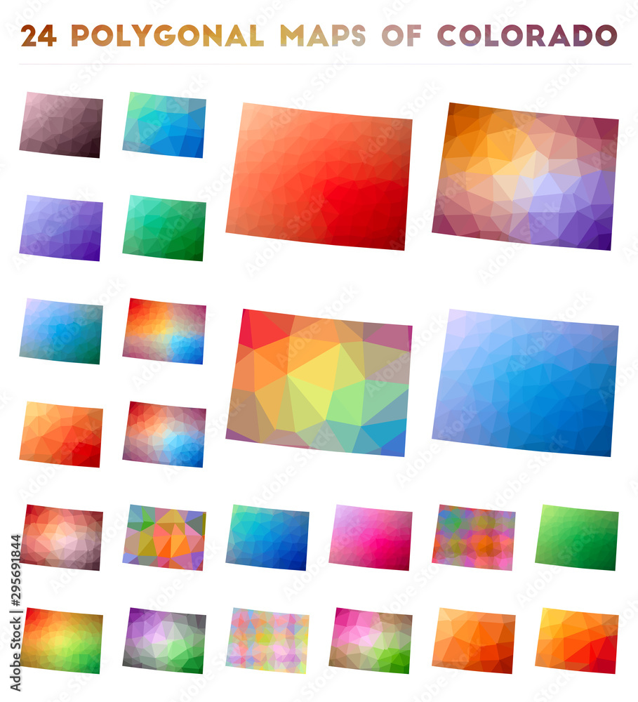 Set of vector polygonal maps of Colorado. Bright gradient map of us state in low poly style. Multicolored Colorado map in geometric style for your infographics.