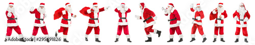 Collage with Santa Clauses on white background