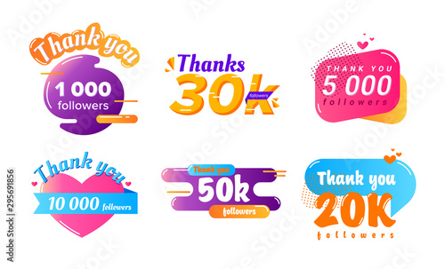 Thank You Followers Counter Banners Set. Posters Tags Stickers in Colorful Memphis Style with Typography, Heart and Halftone Elements. Icon Balloons with Quote Messages. Cartoon Vector Illustration