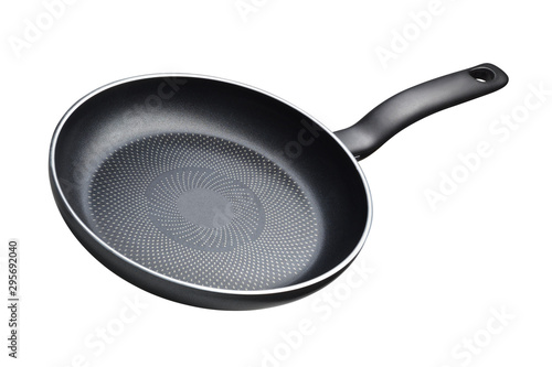 Black teflon skillet with non-stick coated surface isolated photo