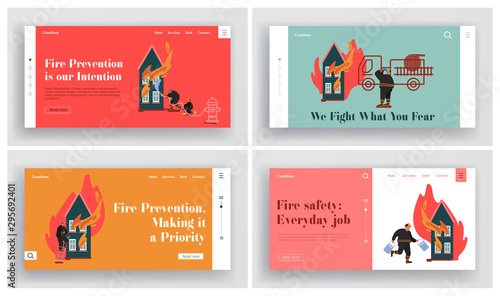 Set of Fire rescue Department Landing Page. Fireman Fighter Team with Equipment, Truck, Hydrant, Extinguisher. Firefighter Profession, Job Website, Web Page. Cartoon Flat Vector Illustration