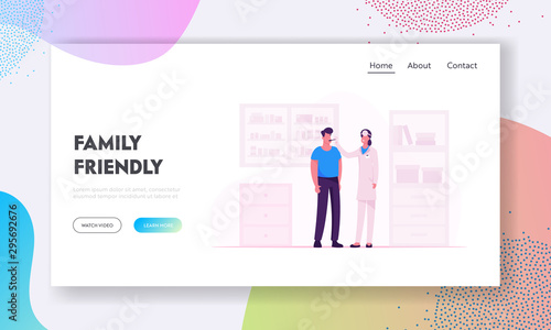 Doctor Otolaryngologist Appointment in Hospital Website Landing Page. Man Visiting Clinic for Health Check Up. Practitioner Examine Patient Throat Web Page Banner. Cartoon Flat Vector Illustration
