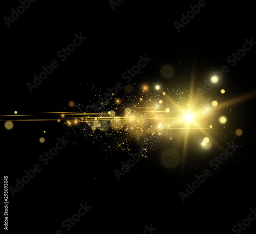 Beautiful golden vector illustration of a star on a translucent background with gold dust and glitters. A magnificent light base for your design. © NAUM