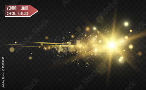 Beautiful golden vector illustration of a star on a translucent background with gold dust and glitters. A magnificent light base for your design.