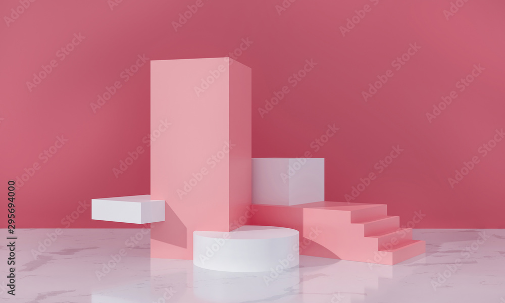 Podium, exhibition pedestal for goods promotion. Cubes, stairs and cylinders - platform, sale scene. Pink pastel colors, white marble floor in room. Architectural cosmetics 3d render illustration Podium, exhibition pedestal for goods promotion. Cubes, stairs and cylinders - platform, sale scene. Pink pastel colors, white marble floor in room. Architectural cosmetics 3d render illustration