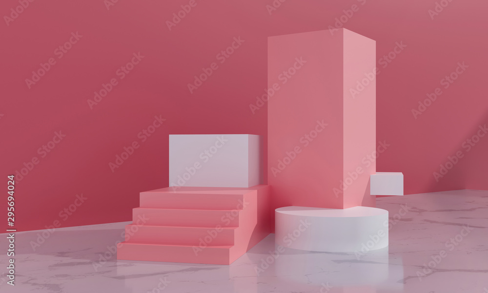 Podium, exhibition pedestal for goods promotion. Cubes, stairs and cylinders - platform, sale scene. Pink pastel colors, white marble floor in room. Architectural cosmetics 3d render illustration Podium, exhibition pedestal for goods promotion. Cubes, stairs and cylinders - platform, sale scene. Pink pastel colors, white marble floor in room. Architectural cosmetics 3d render illustration