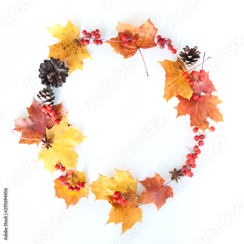 Wreath of autumn leaves  berries and cones on a white background  flat lay  space for text