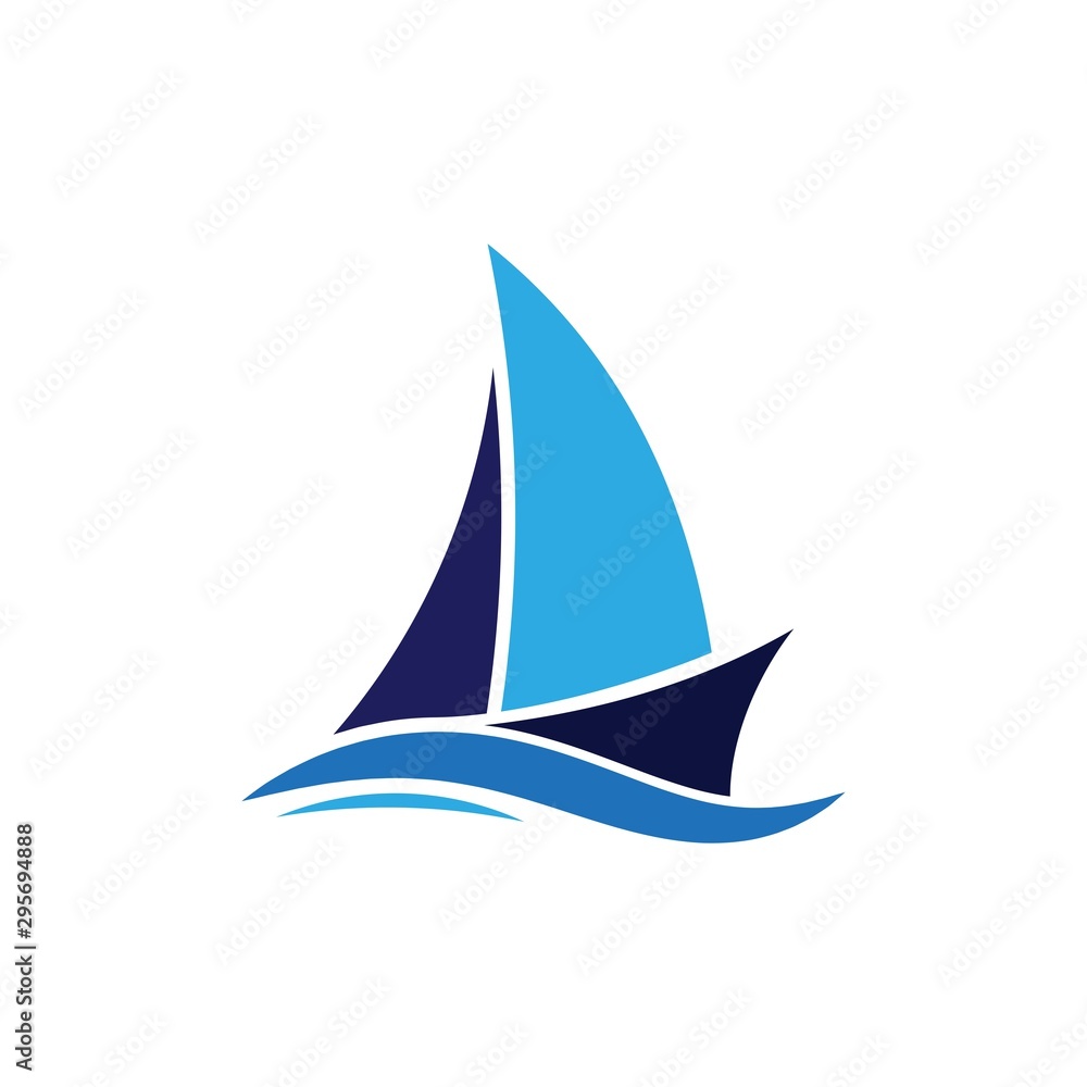 blue Sailing boat logo icon abstract vector template. Sailboat on the waves. Vector illustration