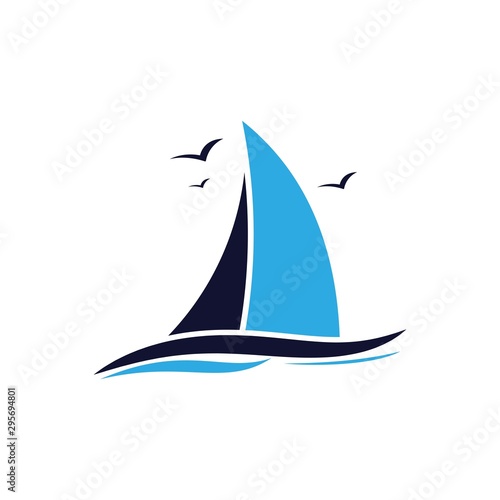 blue Sailing boat logo icon abstract vector template. Sailboat on the waves. Vector illustration