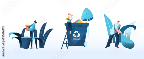 Group of People City Dwellers Throw Garbage to Recycle Litter Bins for Plastic, Paper and Organic Waste