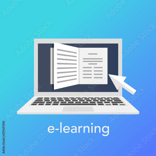 E-learning concept for online school. Vector laptop on the blue background. Vector illustration