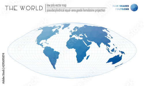 Triangular mesh of the world. Pseudocylindrical equal-area Goode homolosine projection of the world. Blue Shades colored polygons. Beautiful vector illustration.
